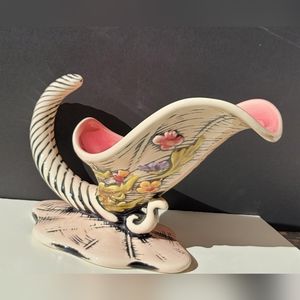 Hull USA Blossom Flite Pattern Cornucopia Vase Vintage 1955 Pink Yellow Flowers